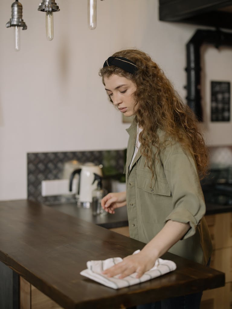 Woman in Brown Coat Sitting by the Table